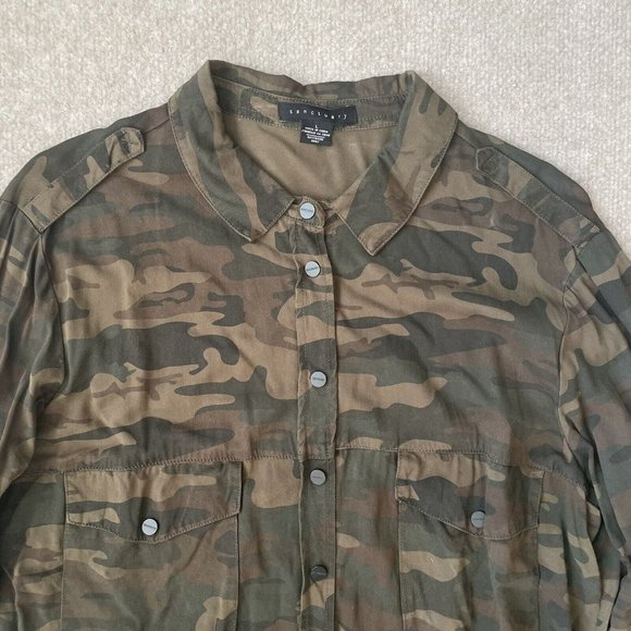 Sanctuary Shirt Womens Large Green Tan Camo Snap Roll Tab Sleeves Boyfriend - Picture 2 of 8